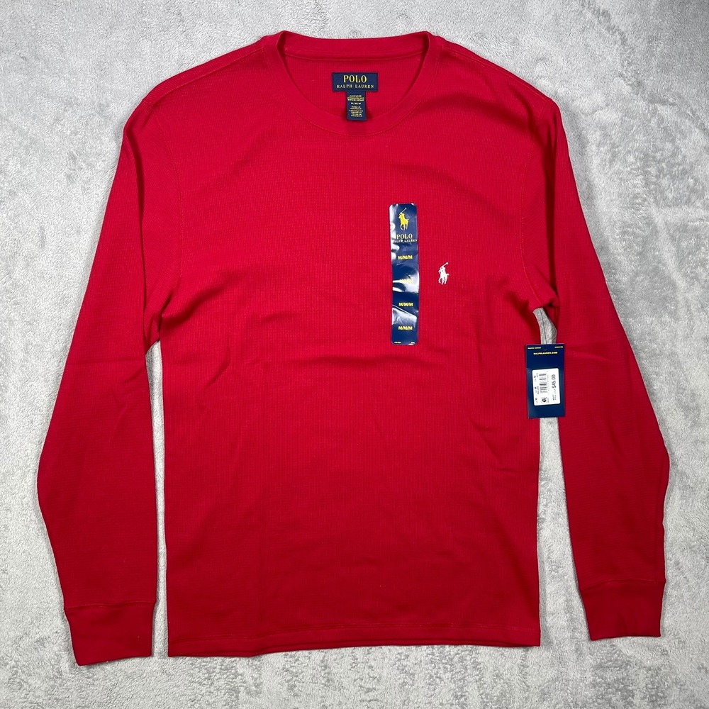 Polo Ralph Lauren Thermal Shirt Mens Med Red Waffle Knit Long Sleeve Sleepwear